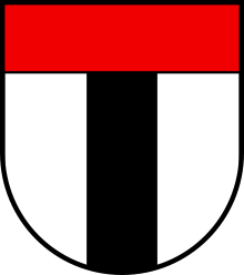 Argent a pale sable, under a chief gules
