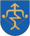 A coat of arms depicting a golden arrow with a zig-zag in the middle of it pulled back on a golden bow all on a blue background