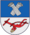 A coat of arms depicting two grey sheaves of wheat on a blue background at the top and a red plowshare on a grey background at the bottom