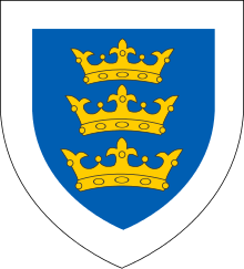 Three gold crowns ordered vertically on a blue shield with a white border.