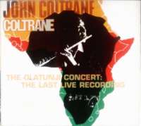 A green, yellow, and red outline of continental Africa on a white background includes a black-and-white inset of Coltrane playing flute.