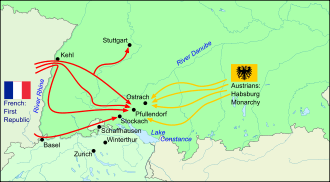 Map showing winter quarters of French and Austrian armies, and their convergence on the town of Ostrach in March 1799