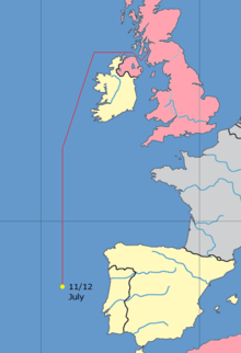 A map of the West Atlantic coastline of Europe from northern Britain to Morocco. The route taken by Convoy Faith as described in the article is marked in by a red line. The approximate location of the attack on the night of 11/12 July 1943 is marked with a yellow dot.