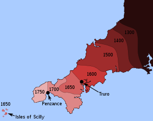 A colour-coded map of Cornwall, surrounded by a blue sea. Cornwall is shaded dark red in the east and pale pink in the west, with a range of intermediate shades of red between, intended to represent periods of time in which the Cornish language was used.