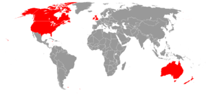 Map highlighting countries where English is spoken natively by the majority of the population.