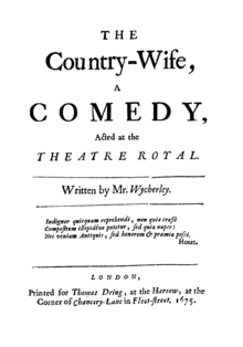 Black and white image of the front cover of the first edition of The Country Wife