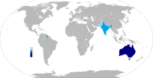 A map of the world, showing the locations of winning nations of the Cricket World Cup