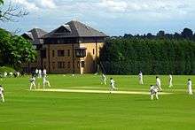 A cricket match in progress, with players in their cricket whites; behind, two modern brick building, three storeys high with dormer windows in the roof; alongside the houses, a hedge running along the side of the pitch, reaching to about the second storey of the houses