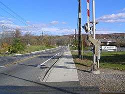 A railroad crossing in a mainly rural area. A mountain is visible in the distance.