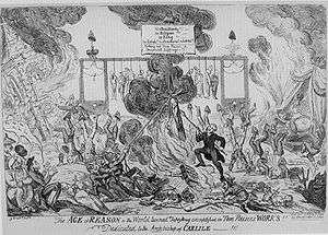 A caricature showing the world in flames, people hanged in the background, people burning and attacking a crucifix, a sign reading "No Christianity, No Religion, No King", and scores of people standing upside down.