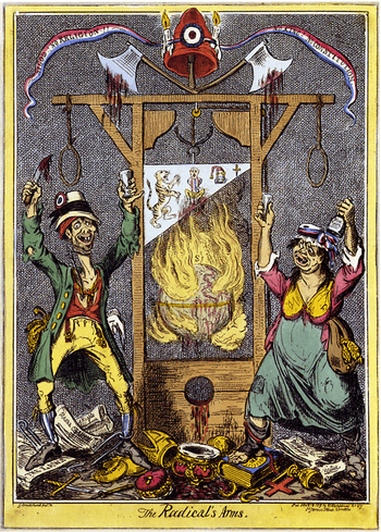 A caricature of French revolutionaries, showing two grotesque French peasants celebrating around a guillotine dripping with blood and surrounded by flames.