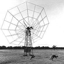 Monochrome photo of a lightly constructed, web-like "dish" antenna in a flat paddock, with two kangaroos leaping across the foreground