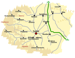 Map of Cuneo Province with the plains in light yellow, the mountains in tan, the main roads in gray and the autostrada in red.