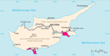 Location of Akrotiri and Dhekelia (pink)on Cyprus (pink, grey & beige)