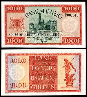1,000 Danzig gulden (1924) depicting City Hall