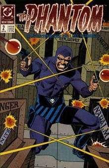 Comic-book cover, with the Phantom holding a gun in each hand
