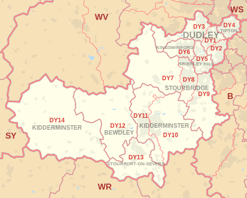 DY postcode area map, showing postcode districts, post towns and neighbouring postcode areas.