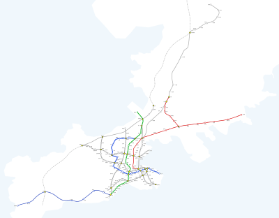 Schematic railroad map, with color-coded lines