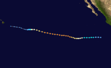 The track of a hurricane starts near the western coast of Mexico and heads westward, ultimately ending near Hawaii.