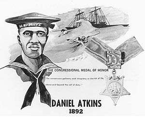 Illustration with the head of a black sailor at left, a star-shaped medal on a ribbon at right, a ship next to two men in the water, one holding the other, in the background and the words "Daniel Atkins, 1892" at bottom.