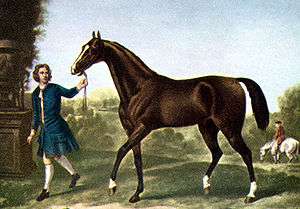 Painting of a brown horse walking behind a man in a blue seventeenth century outfit.