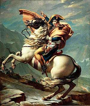 Napoleon on a rearing white horse pointing his men to continue their advance through a mountain pass.