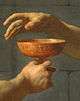 Fragment of The Death of Socrates; close-up of the hand reaching for a cup of poisoned water.