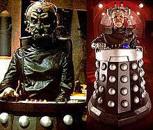 The left image depicts Gooderson's portrayal of Davros in a Dalek bunker in Destiny of the Daleks; the right image depicts Bleach's portrayal of Davros on the Crucible set in "The Stolen Earth".