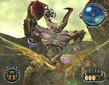 A man with wings, at bottom, soars through a canyon inhabited by a large horned demon. An aiming reticle on the demon's head shows where the man will shoot.