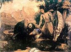 Bearded, dying man under a tree, surrounded by two other men and a horse