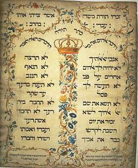 This is an image of a copy of the 1675 Ten Commandments, at the Amsterdam Esnoga synagogue, produced on parchment in 1768 by Jekuthiel Sofer, a prolific Jewish eighteenth century scribe in Amsterdam. It has Hebrew language writing in two columns separated between, and surrounded by, ornate flowery patterns.