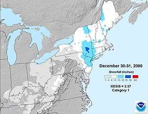 Map detailing total snowfall amounts from a particular storm. Light snowfall—marked in gray—extends as far south as Tennessee; the heaviest snow, indicated by two shades of blue, is concentrated over northern New Jersey, New York, and western New England.