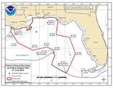21 June 2010 NOAA map of the Gulf of Mexico showing the areas closed to fishing.