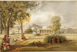 " "Defence of the Arrah House, 1857" by William Tayler - Coloured Lithograph from a drawing."