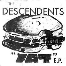 A white album cover shows a pen-and-ink illustration of a cartoonish cheeseburger with a bite taken out of it. The band's name "The Descendents" is printed across the top in large, thin capital typeface. At the bottom is the title "Fat" in quotation marks in wide, black, hand-drawn capital letters, followed by "E.P." in thin, uneven typeface.