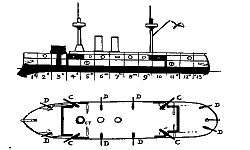 Plan and side view drawing of two-stack, two-mast battleship