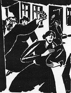 A black-and-white illustration of a woman holding a baby being chased out of a building
