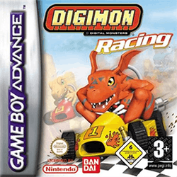 Three stylized creatures race in comically small go-karts on a sandy, foggy race track. A dark orange dinosaur whose ears resemble a bat's wings crosses the finish line in a yellow kart. His two opponents are a lighter orange, more generic-looking dinosaur and a blue lizard. They occupy second and third place respectively, but appear intent on winning. Above the scene is the science fiction-inspired text "Digimon Racing".
