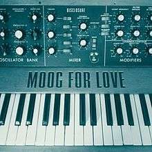 A blue-tinted picture of a Moog synthesizer, with the title "Moog for Love" displayed between the keyboard and the Moog parameters and oscillators