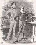 Randolph Churchill stands with a look of pride; behind him a tall, ghostly Disraeli stands, also looking proud