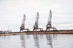Three port cranes lined along the shore