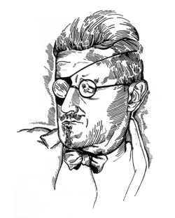 Head and shoulders drawing of a man with a slight moustache and narrow goatee in a jacket, low-collared shirt and bow tie. He wears round glasses and an eye patch over his right eye, attached by a string around his head.