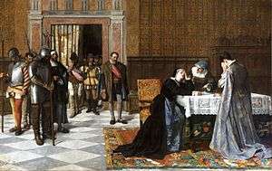 A woman rests her head in her hand while sitting at a table; a knight in armor and others stand by having told her the bad news.