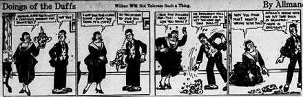 An old black and white comic strip. Two characters are talking about a clown that was bought for a birthday present. One character smashes the doll because it was made in Germany.