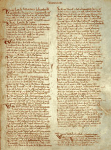 A page from a medieval book, with hand writing in brown ink in two columns against on an aged vellum page.