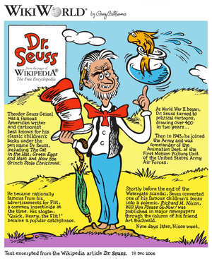A cartoon shows a bearded man with a red bow tie holding numerous items. He holds the hat from Dr. Seuss's "The Cat in the Hat" and balances a fishbowl on his left index finger.