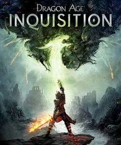The game's cover art. The text "DRAGON AGE" is at the top, with the larger text "INQUISITION" directly below. In the lower centre of the image is an armored soldier, holding a sword with one hand, and pointing to mystical creatures in the sky with the other.