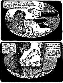 Two panels of a comic strip of a man being buried alive