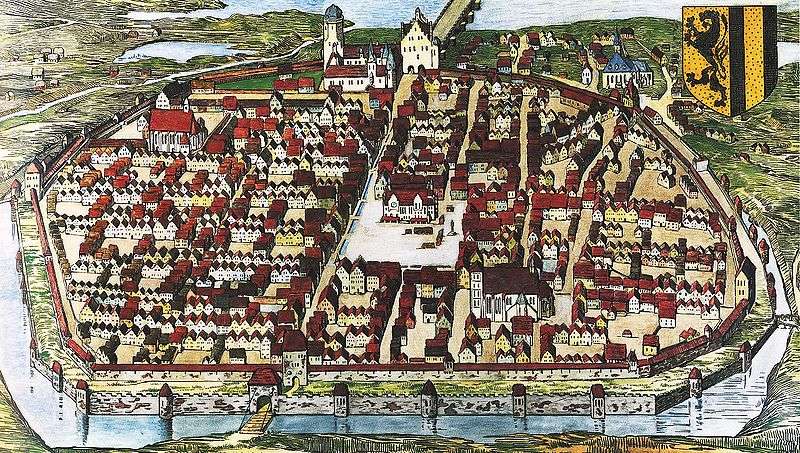 Dresden in 1521 (detail): The earlier church is shown outside the city walls (left of the coat of arms)