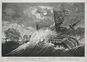 An engraving in which two damaged ships are pulling away from land in high seas while in the foreground a third ship, also damaged, is overwhelmed by a huge wave.